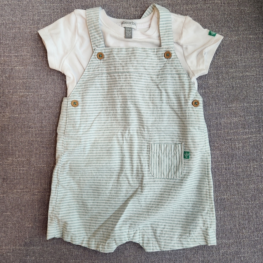 New Absorba Paris blue and white striped two-piece overall shorts and tee